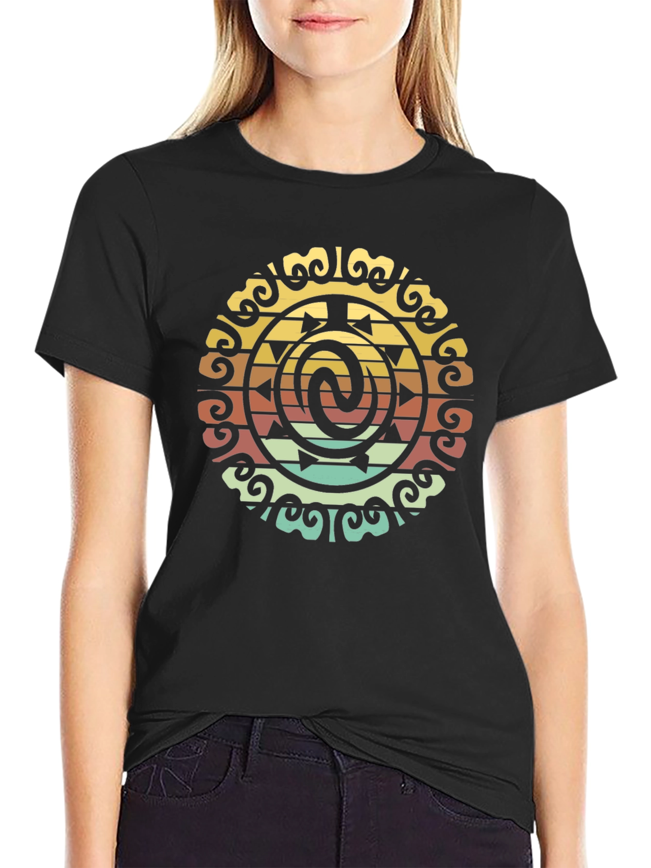 Retro Tribal Circle Graphic Black T-Shirt