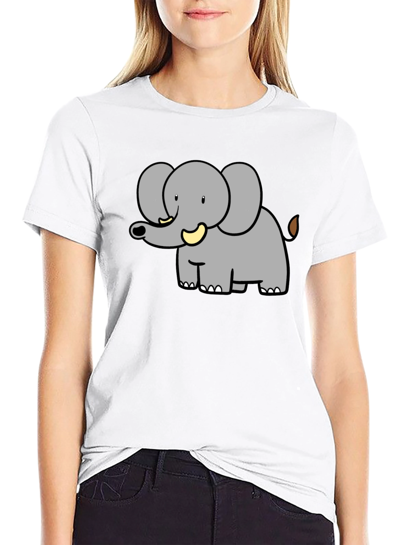 Cartoon Elephant Graphic Tee - Black Cotton Blend