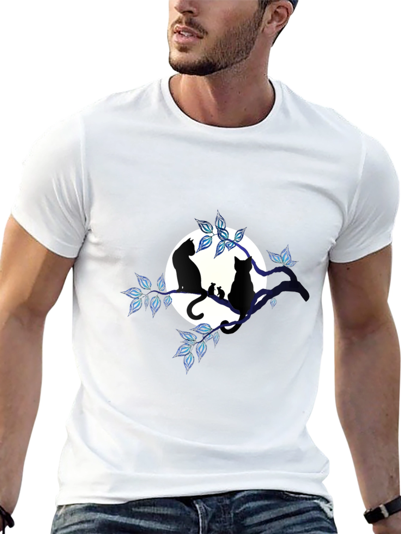 Cat & Moon Graphic Tee - Unisex Black T-Shirt