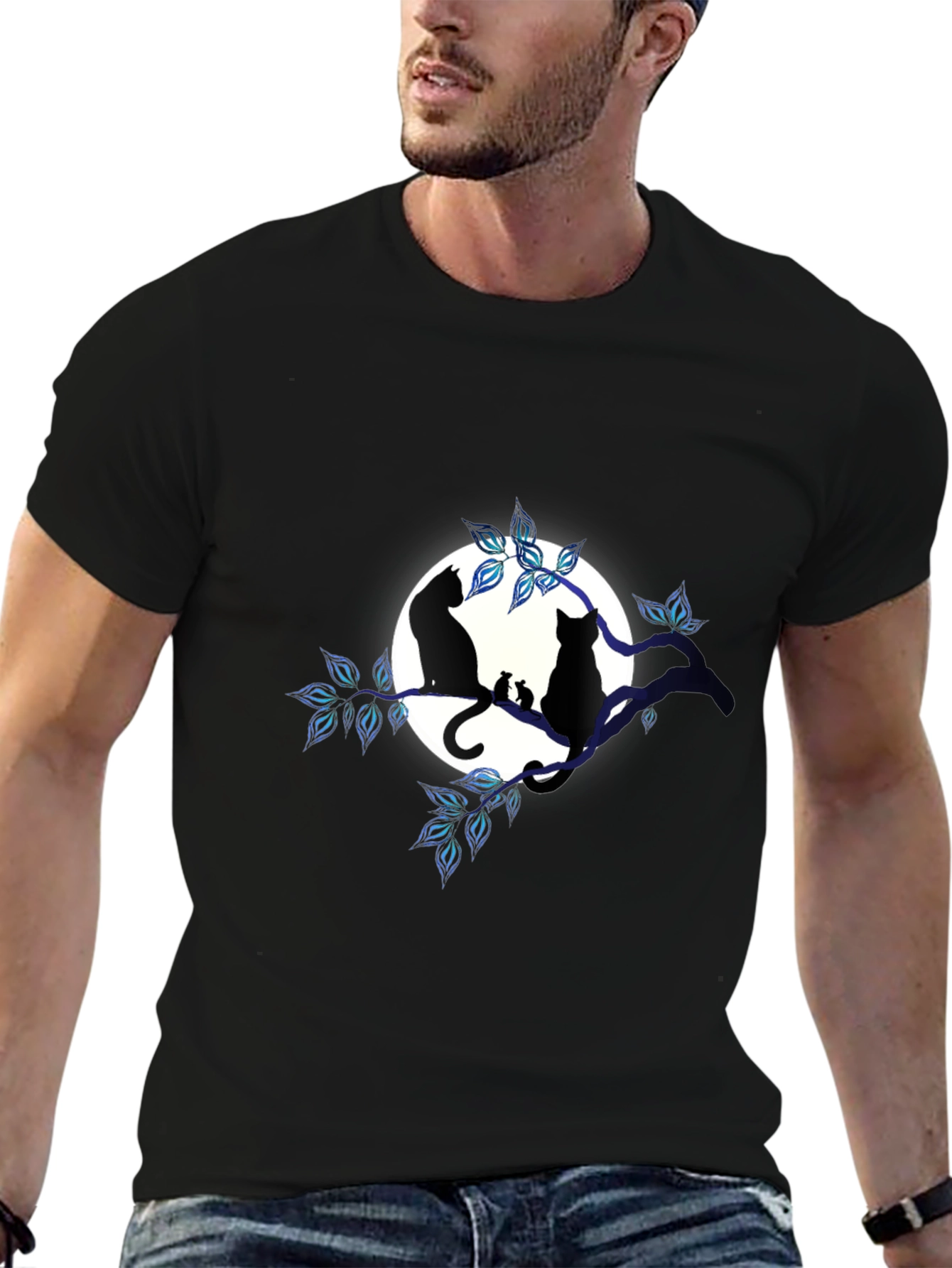 Cat & Moon Graphic Tee - Unisex Black T-Shirt