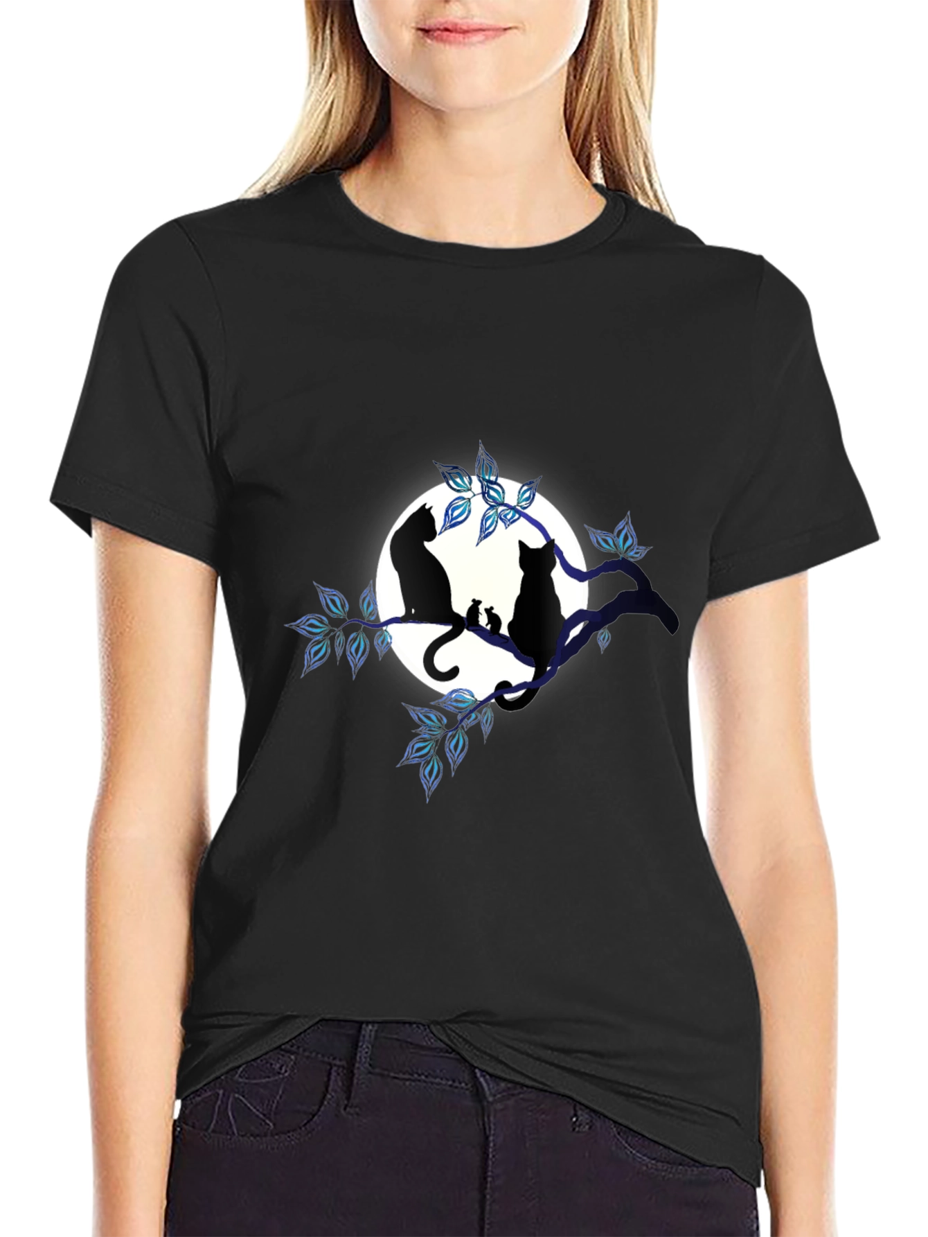 Cat & Moon Graphic Tee - Unisex Black T-Shirt