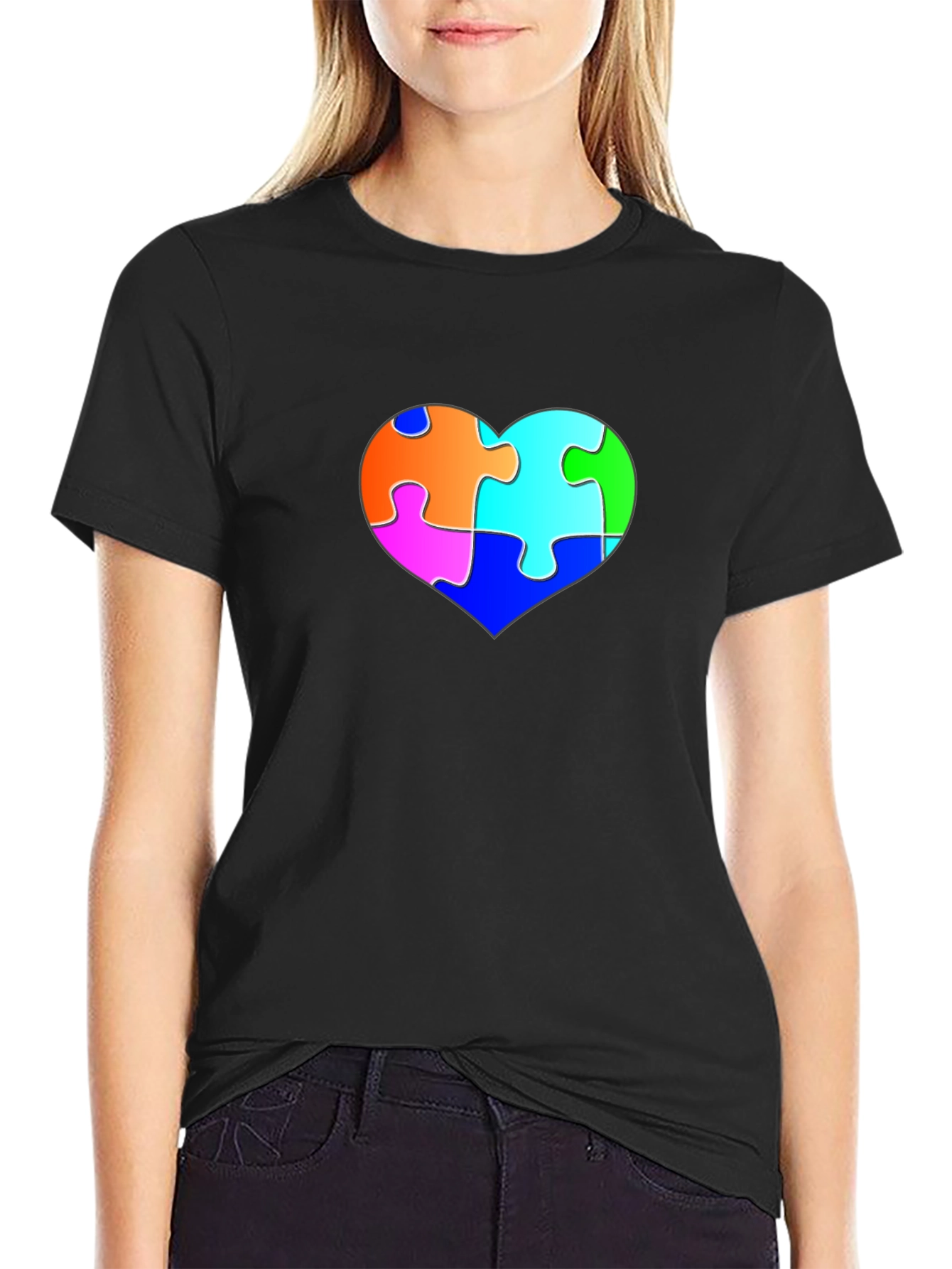 Autism Awareness Puzzle Heart Black Tee