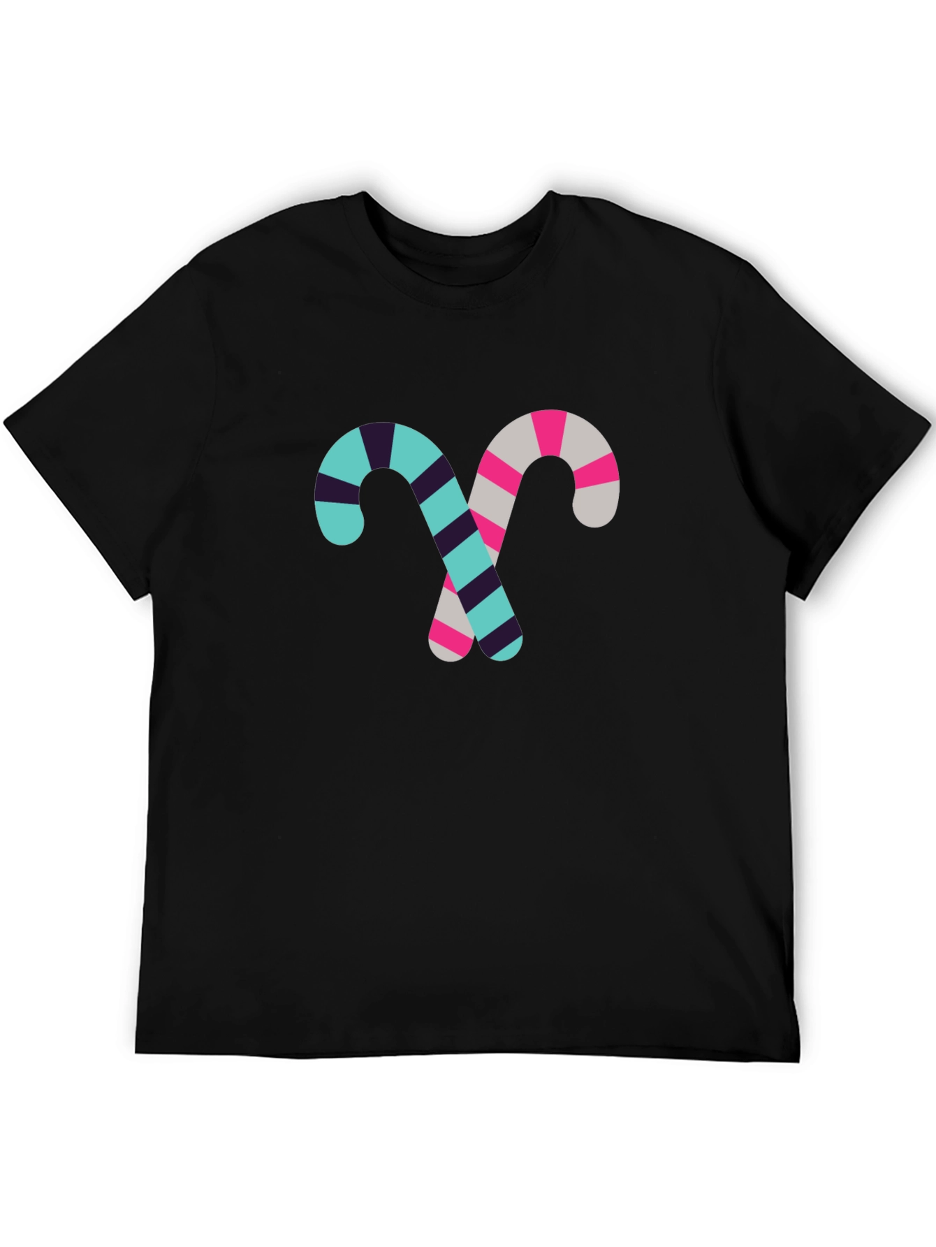 Candy Cane Pattern Black Cotton T-Shirt