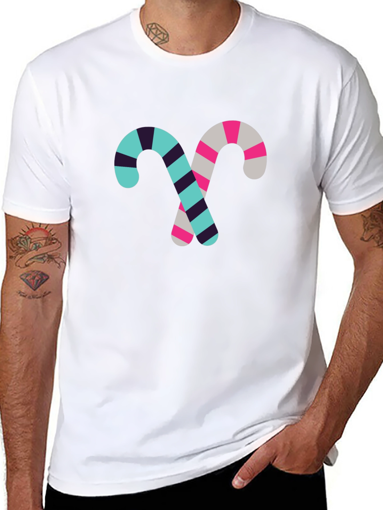 Candy Cane Pattern Black Cotton T-Shirt