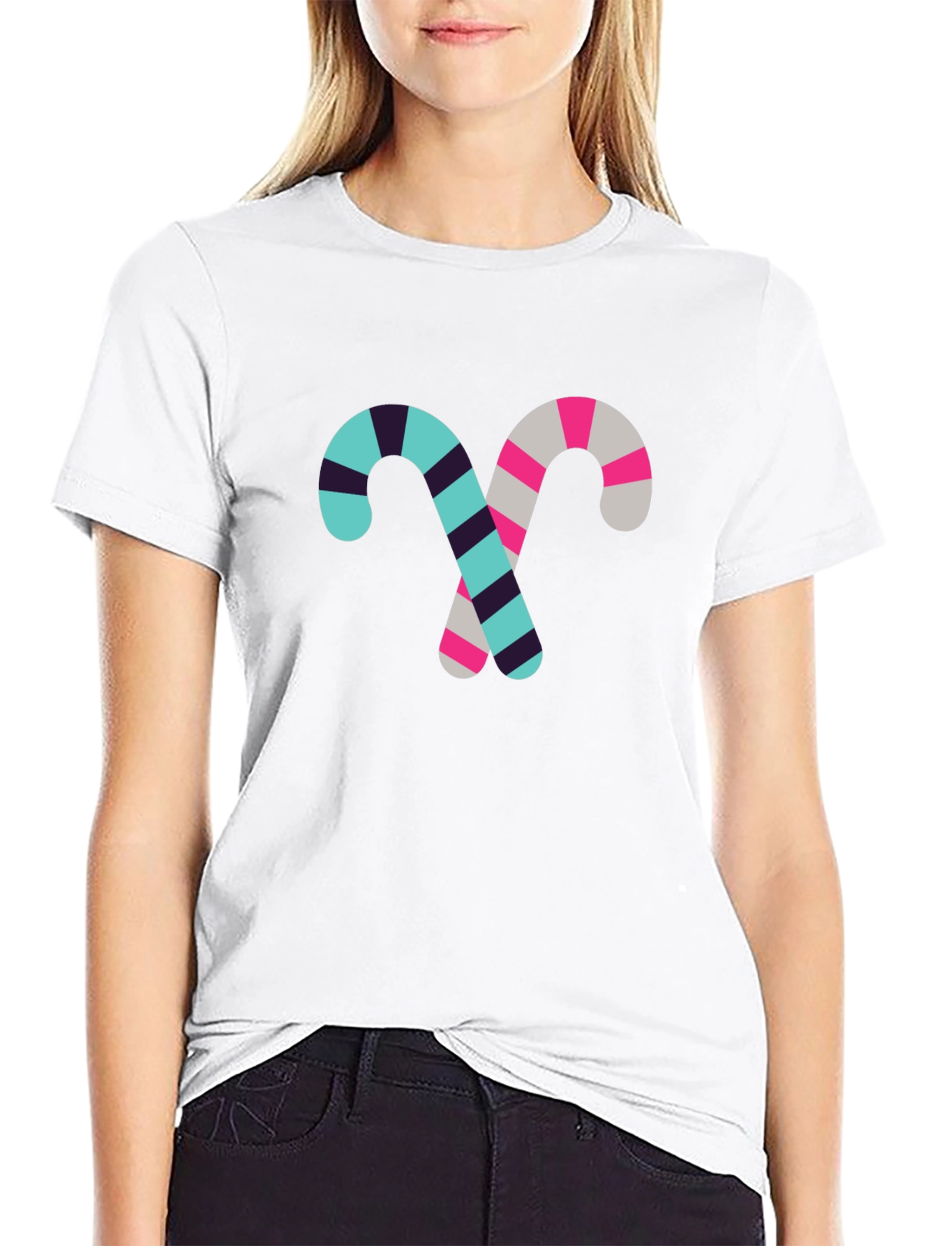 Candy Cane Pattern Black Cotton T-Shirt