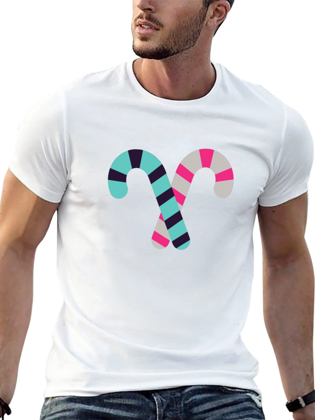 Candy Cane Pattern Black Cotton T-Shirt