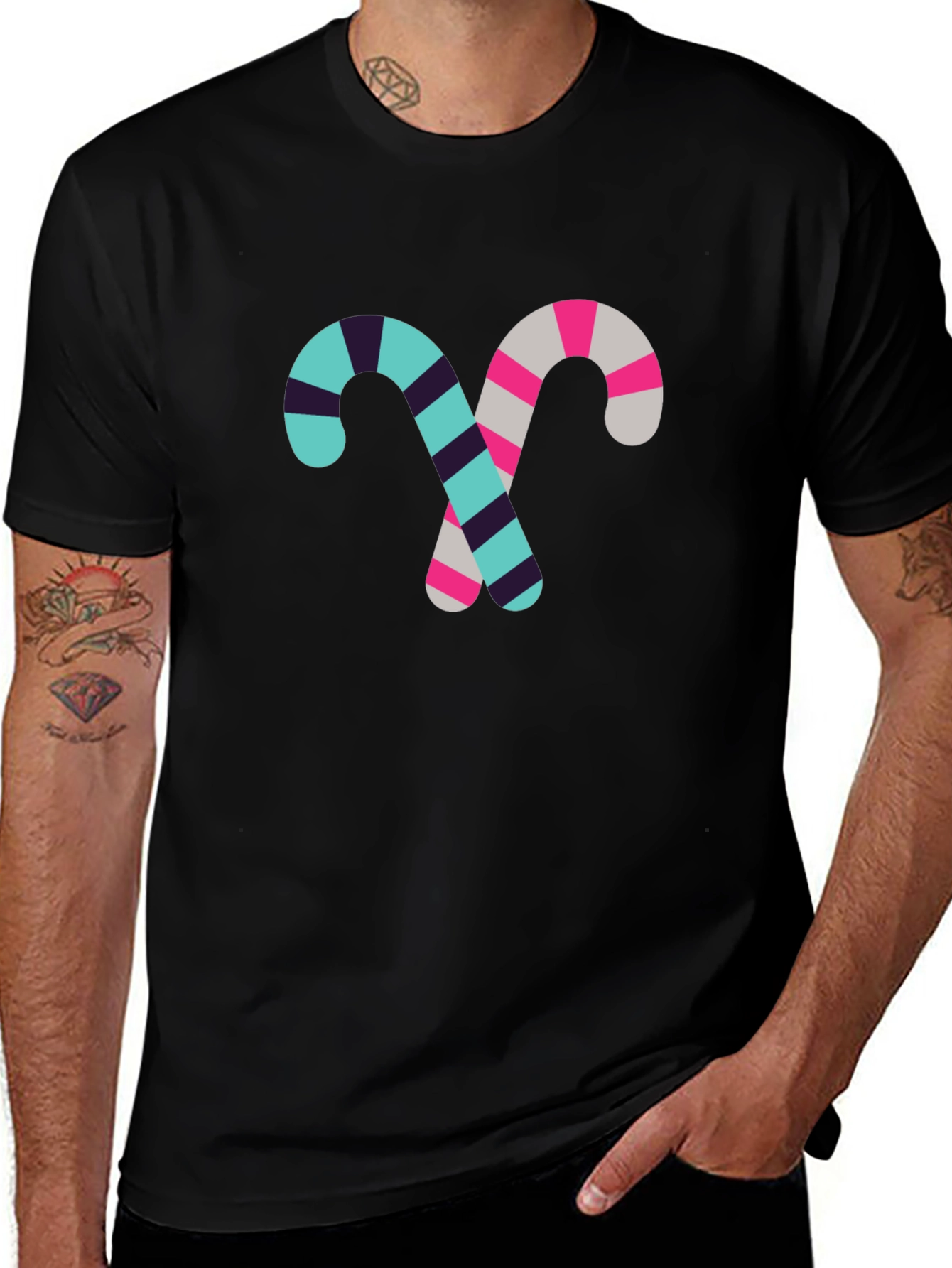 Candy Cane Pattern Black Cotton T-Shirt