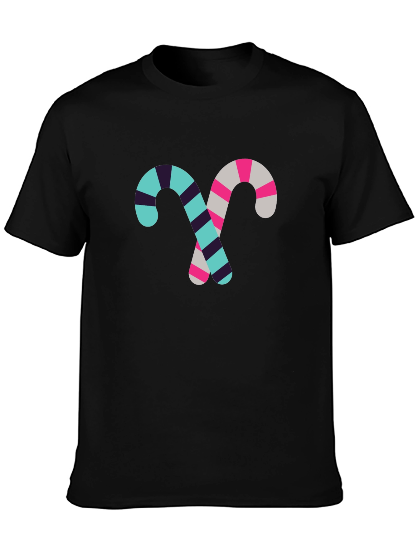 Candy Cane Pattern Black Cotton T-Shirt