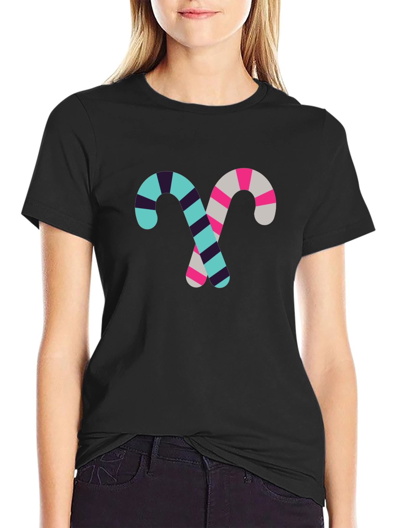 Candy Cane Pattern Black Cotton T-Shirt