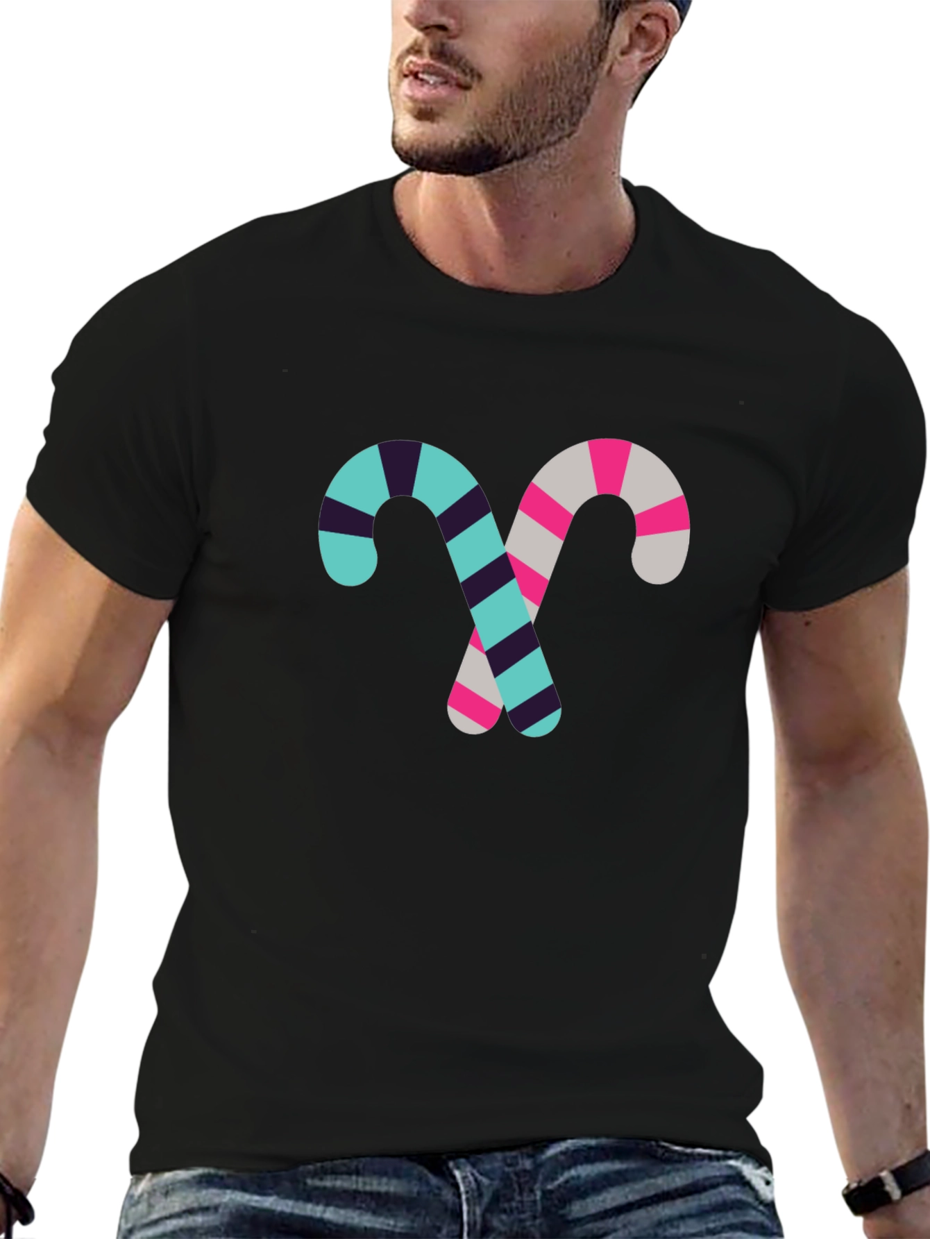 Candy Cane Pattern Black Cotton T-Shirt