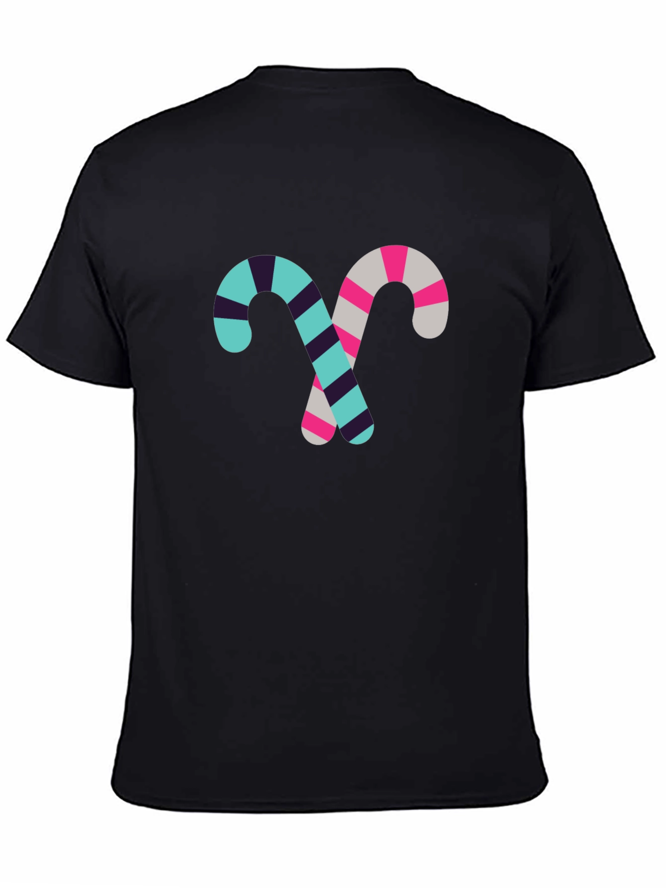 Candy Cane Pattern Black Cotton T-Shirt