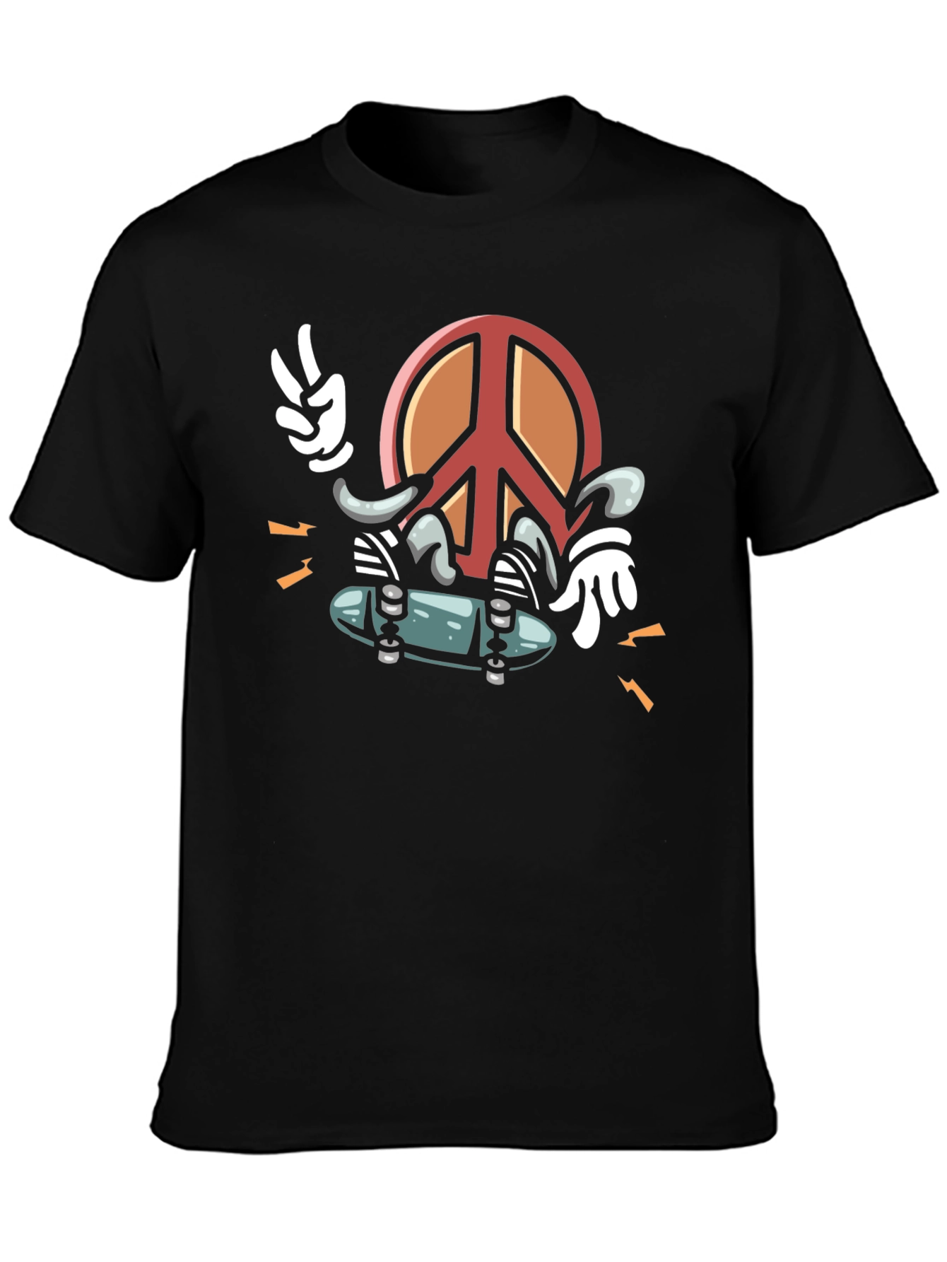 Cool Peace Sign Skateboarder Graphic Black T-Shirt