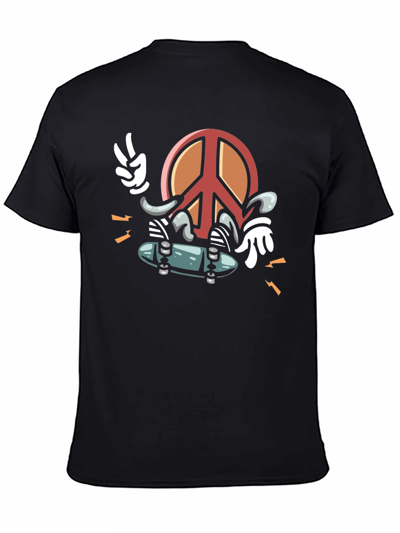 Cool Peace Sign Skateboarder Graphic Black T-Shirt