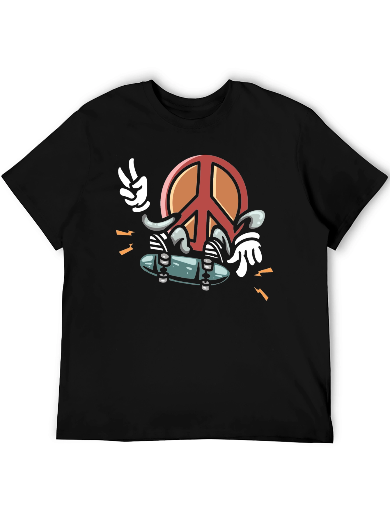 Cool Peace Sign Skateboarder Graphic Black T-Shirt