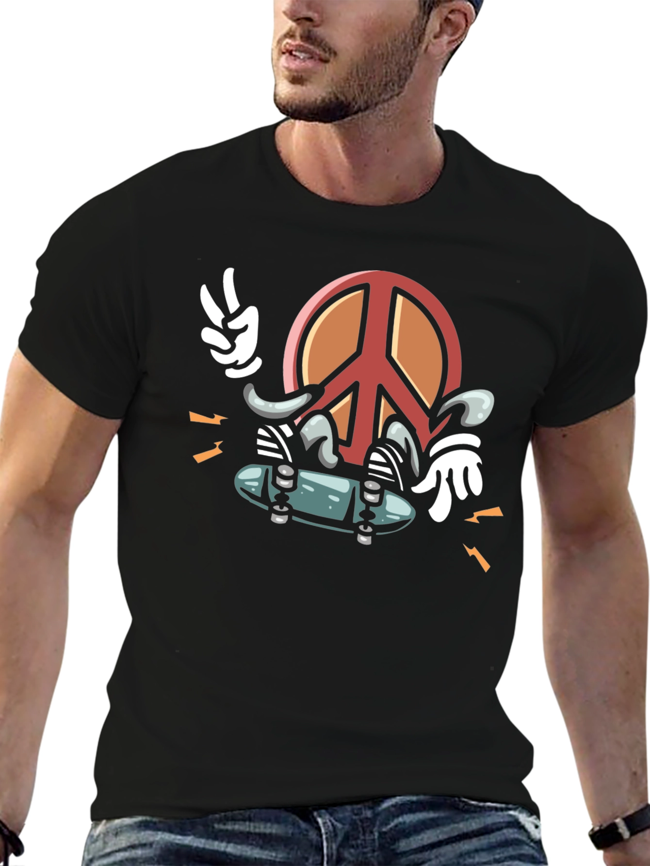 Cool Peace Sign Skateboarder Graphic Black T-Shirt
