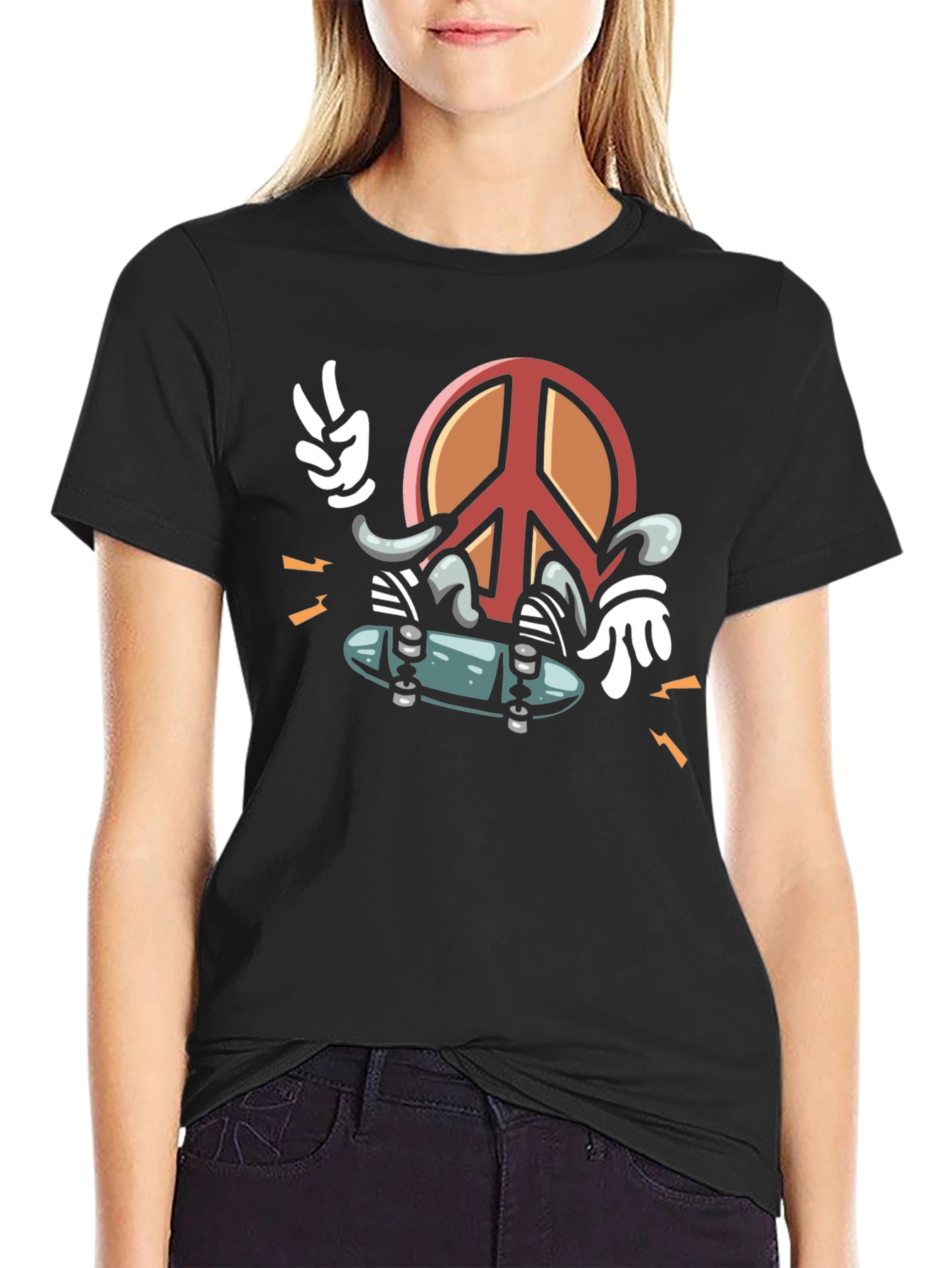Cool Peace Sign Skateboarder Graphic Black T-Shirt