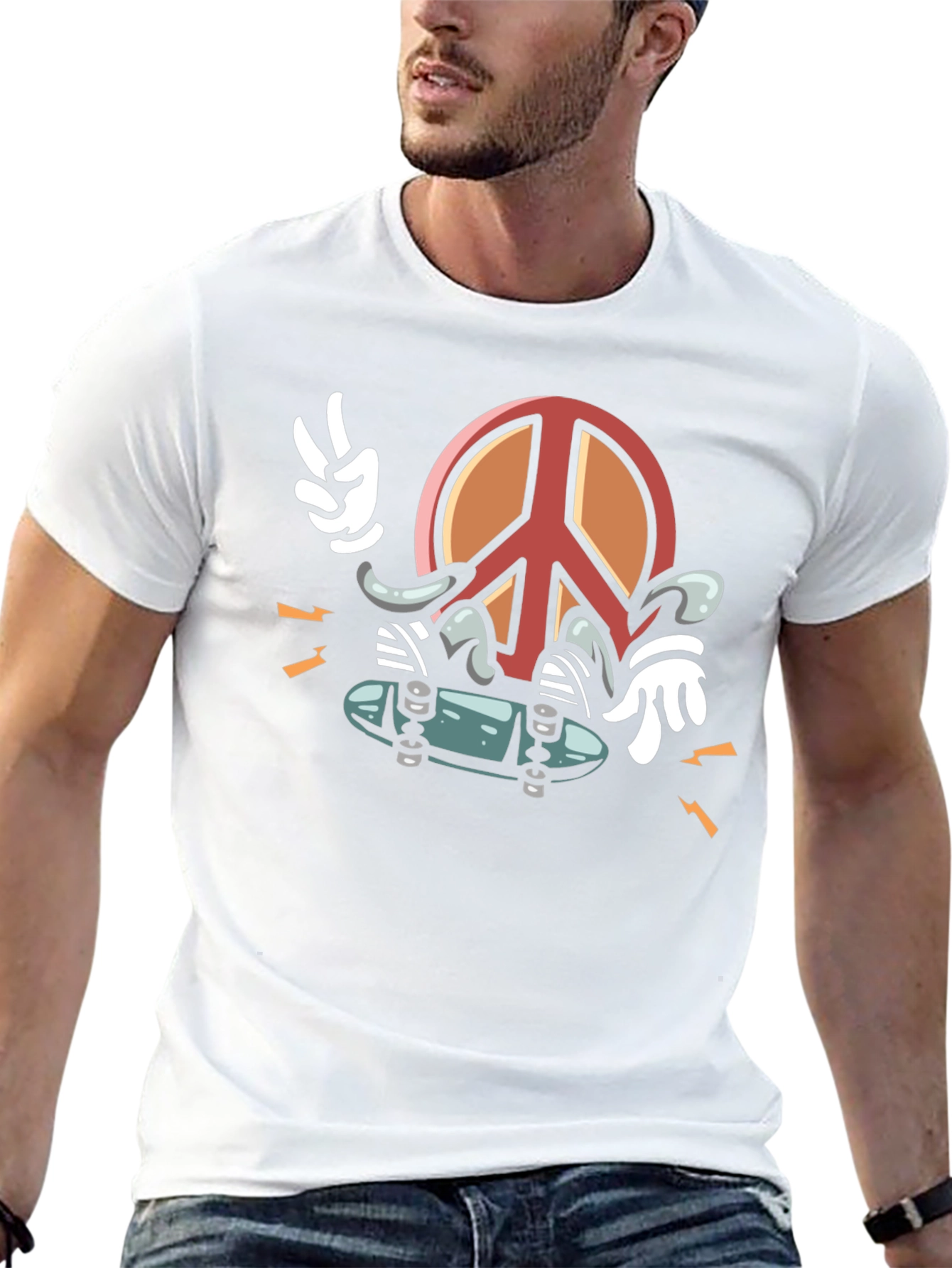 Cool Peace Sign Skateboarder Graphic Black T-Shirt