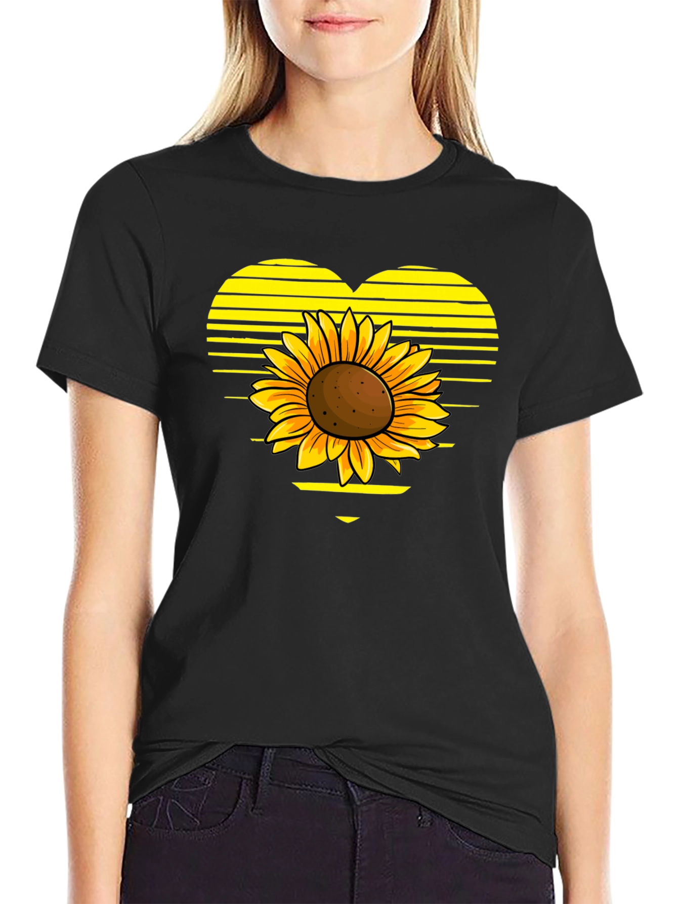 Sunflower Heart Graphic Tee - Black Cotton T-Shirt