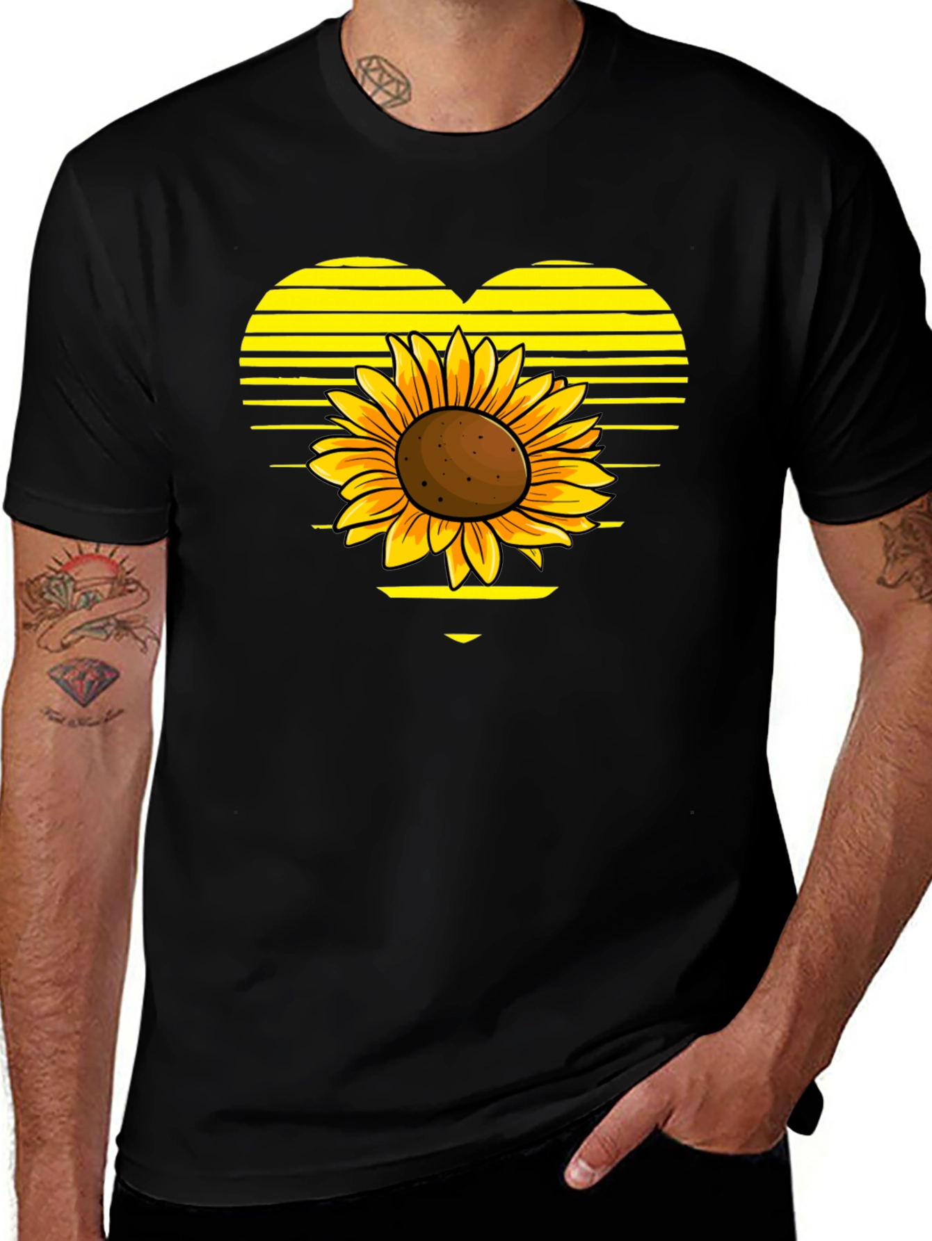 Sunflower Heart Graphic Tee - Black Cotton T-Shirt