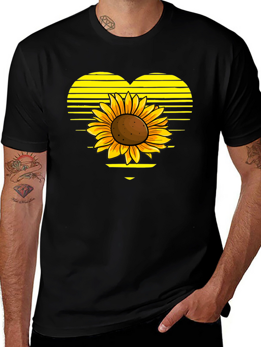 Sunflower Heart Graphic Tee - Black Cotton T-Shirt
