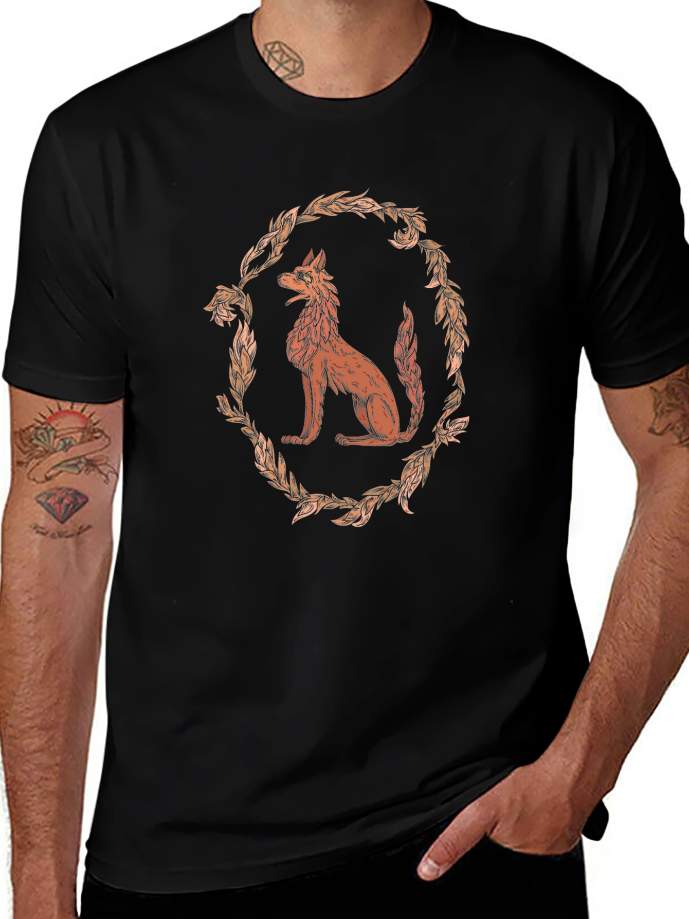 Wolf Wreath Graphic Tee - Black Cotton T-Shirt