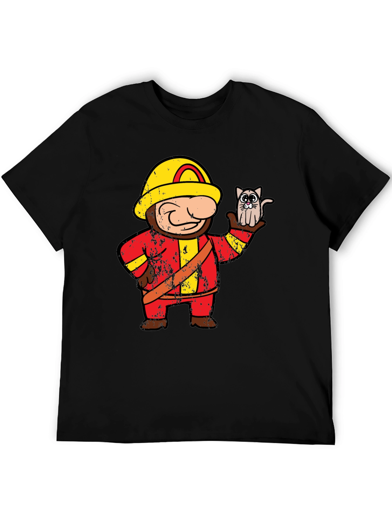 Funny Fireman & Cat Graphic Black T-Shirt