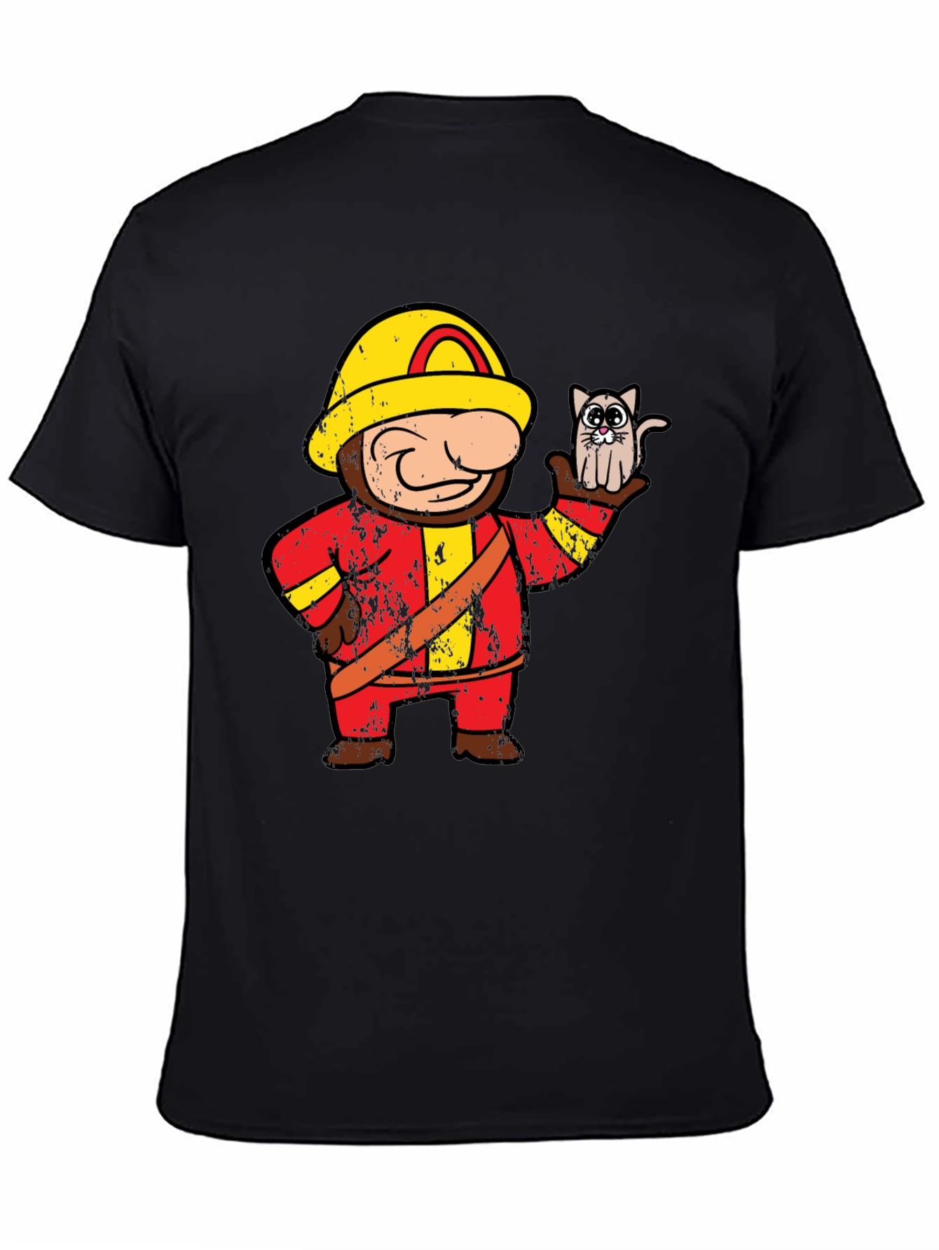 Funny Fireman & Cat Graphic Black T-Shirt