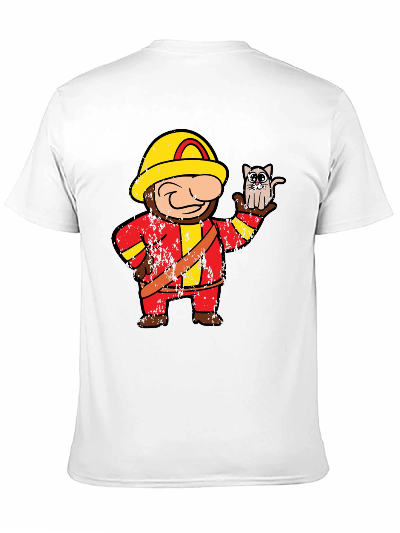 Funny Fireman & Cat Graphic Black T-Shirt