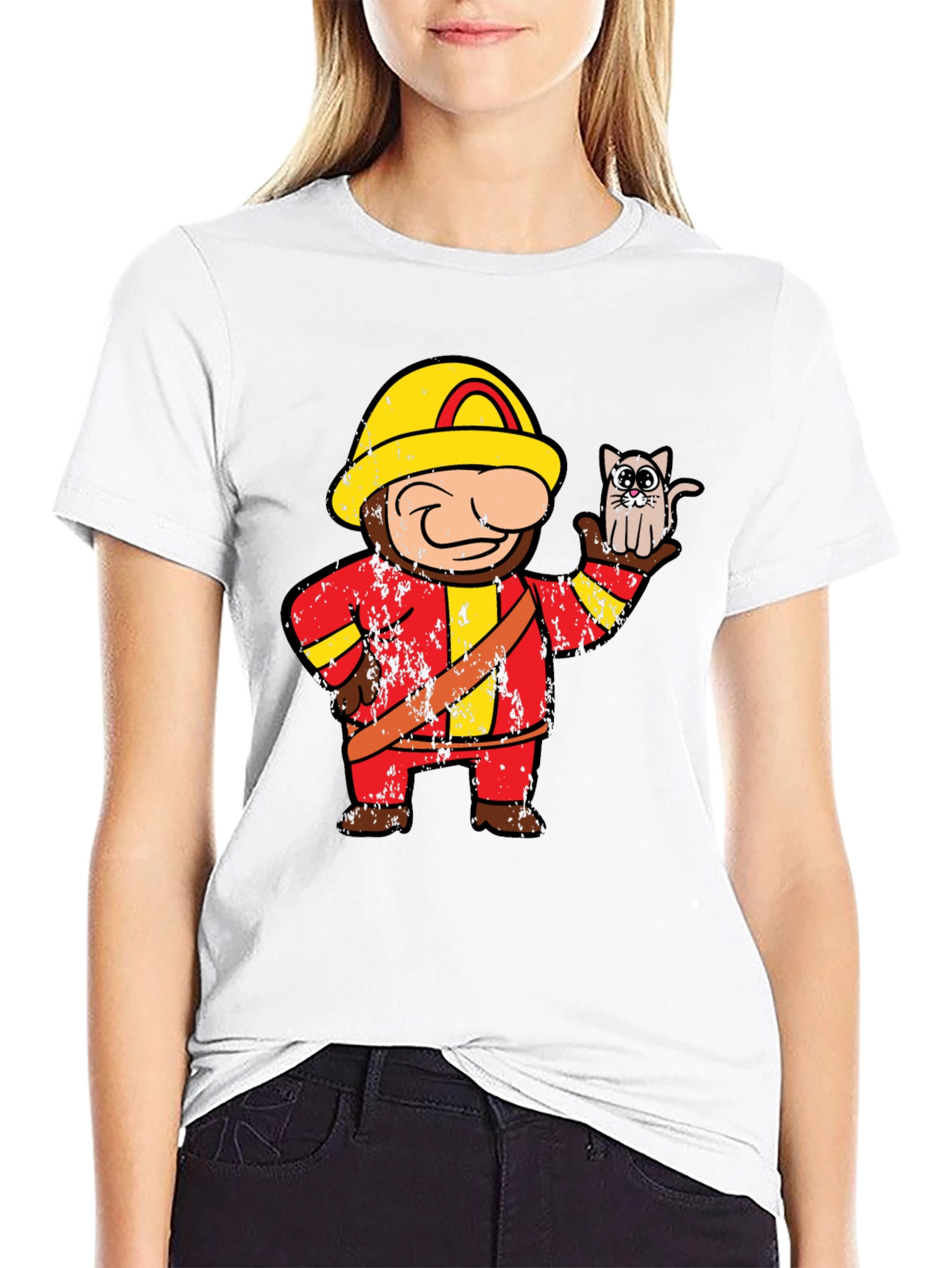 Funny Fireman & Cat Graphic Black T-Shirt