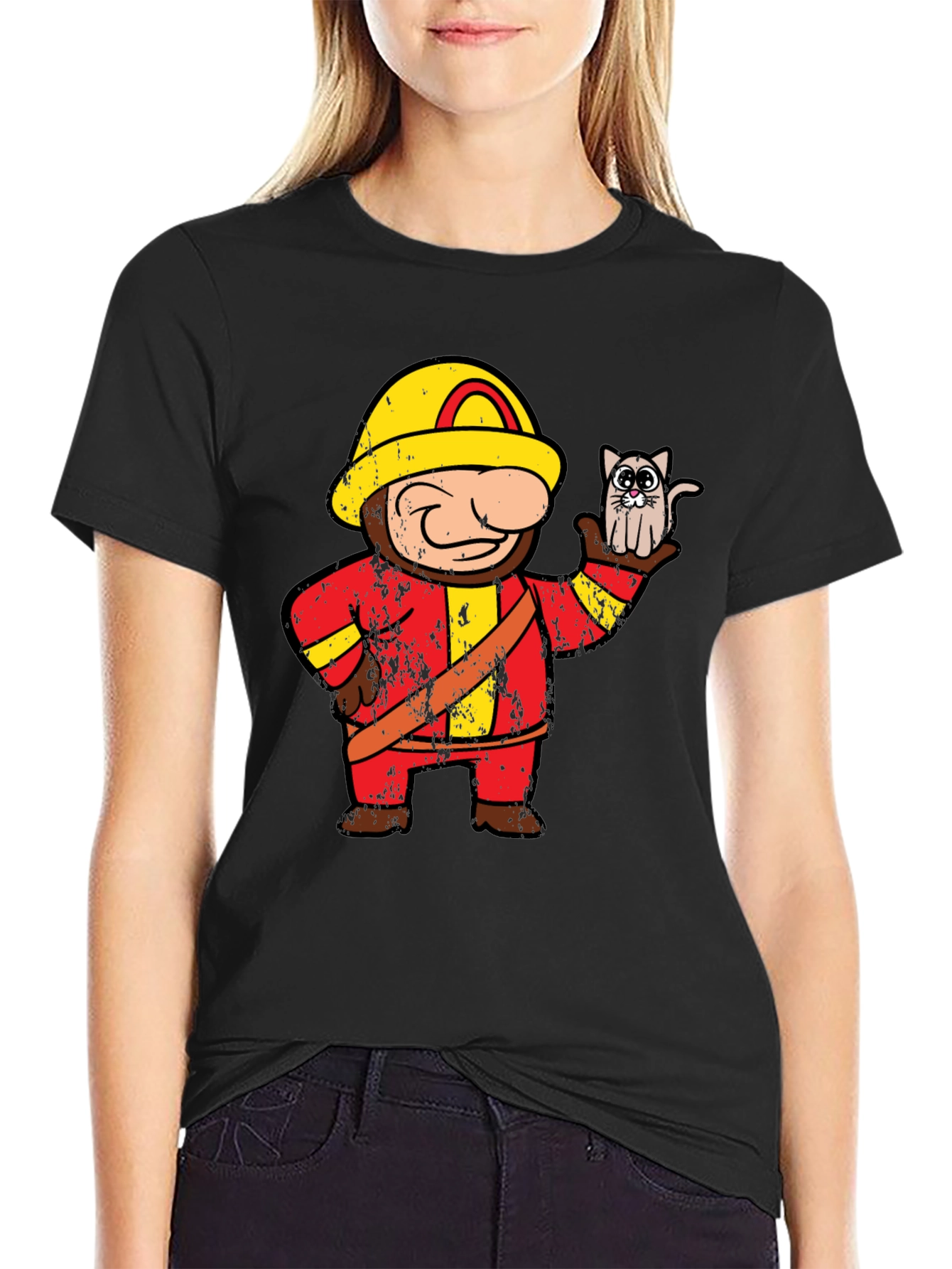 Funny Fireman & Cat Graphic Black T-Shirt