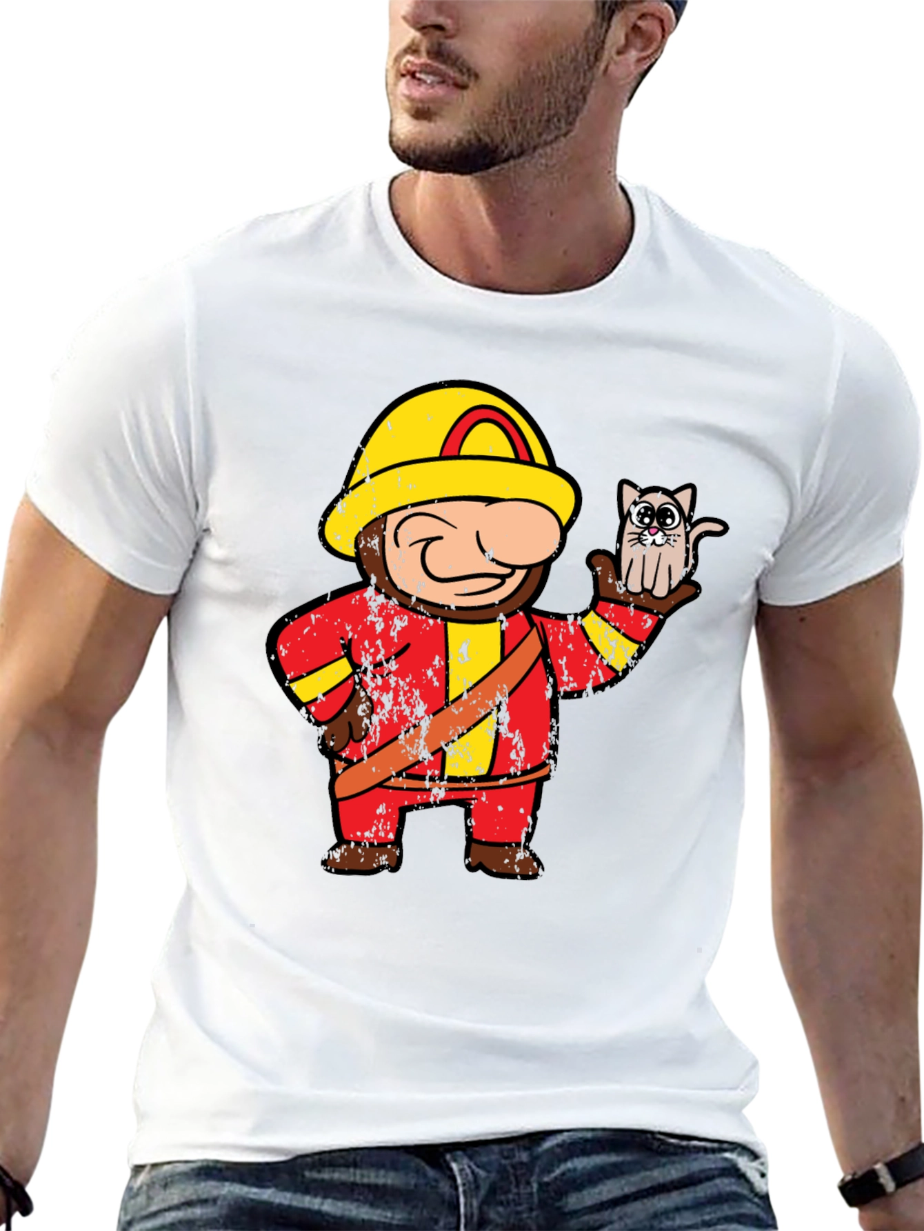 Funny Fireman & Cat Graphic Black T-Shirt