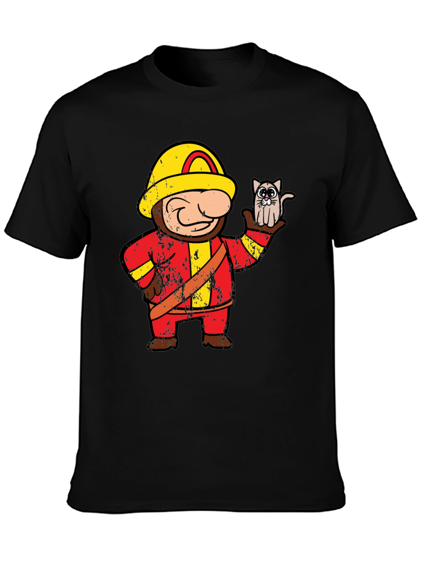 Funny Fireman & Cat Graphic Black T-Shirt