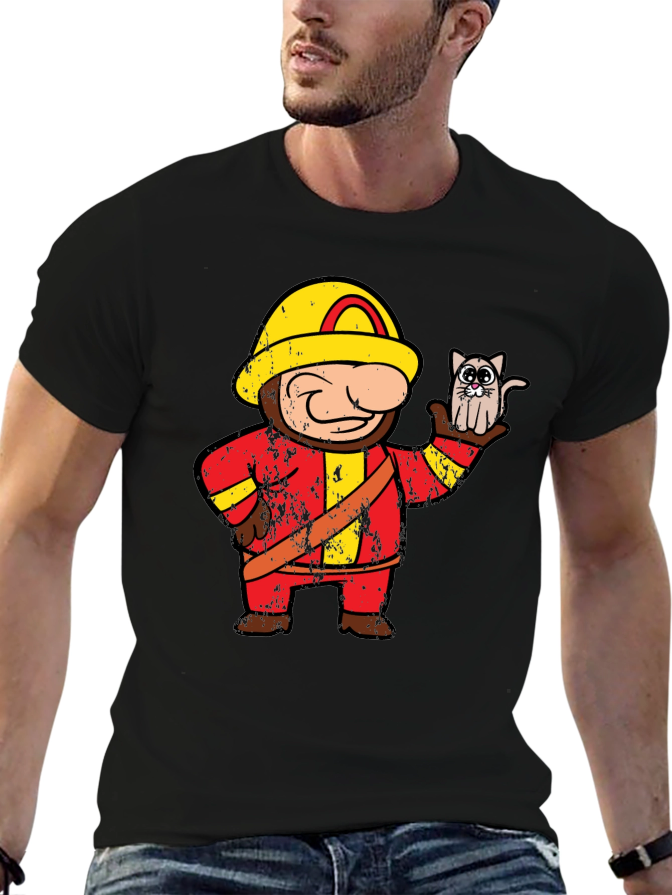 Funny Fireman & Cat Graphic Black T-Shirt