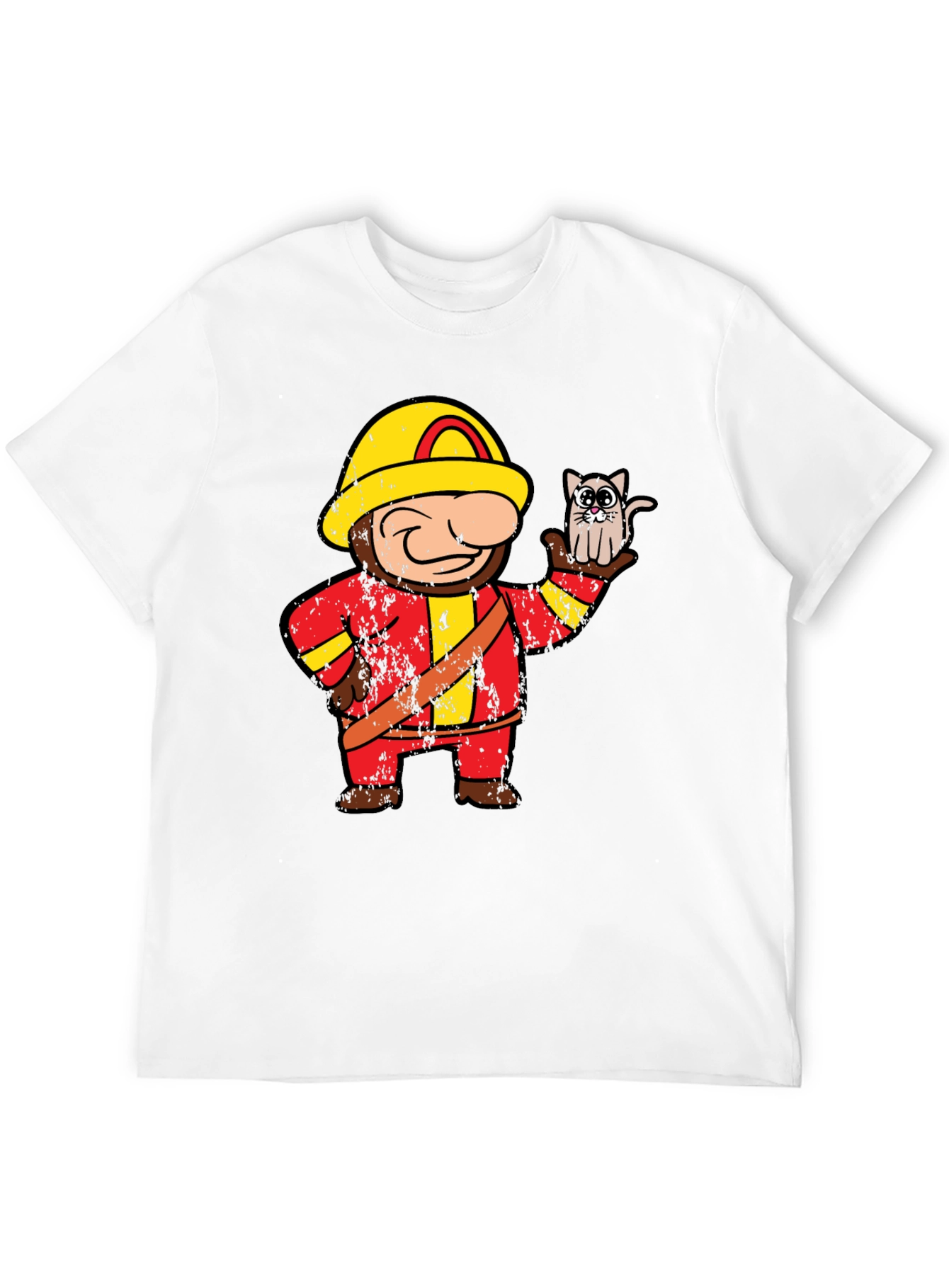 Funny Fireman & Cat Graphic Black T-Shirt