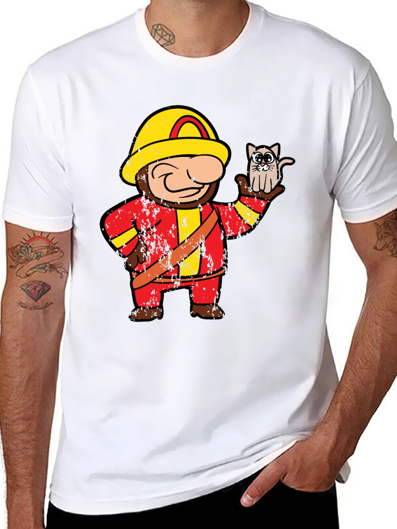 Funny Fireman & Cat Graphic Black T-Shirt