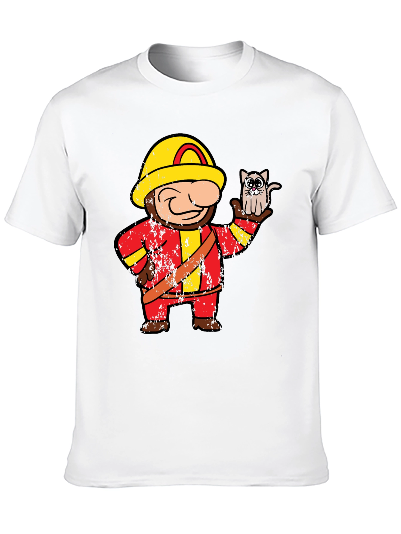 Funny Fireman & Cat Graphic Black T-Shirt