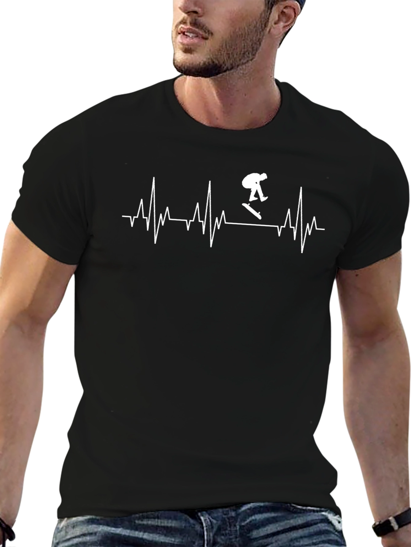 Skateboarding Heartbeat Graphic Tee - Black Cotton T-Shirt
