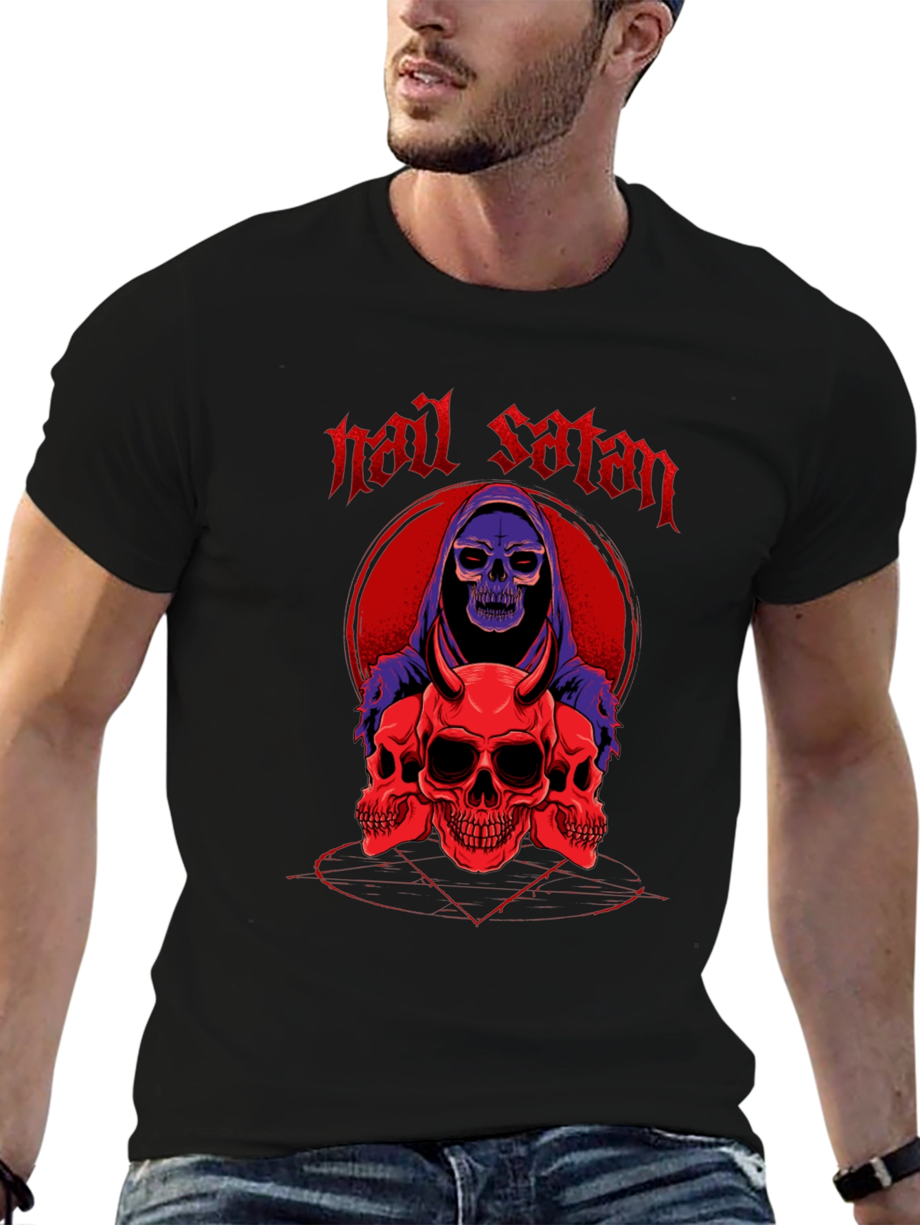 Hail Satan Skull Graphic T-Shirt