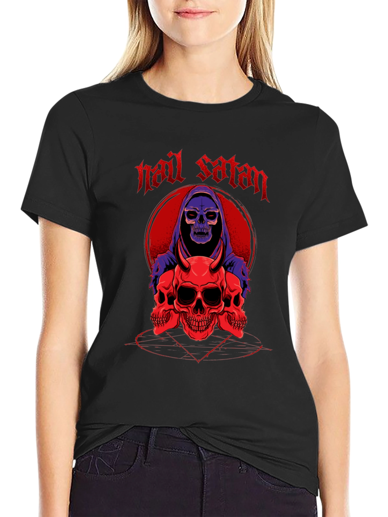 Hail Satan Skull Graphic T-Shirt