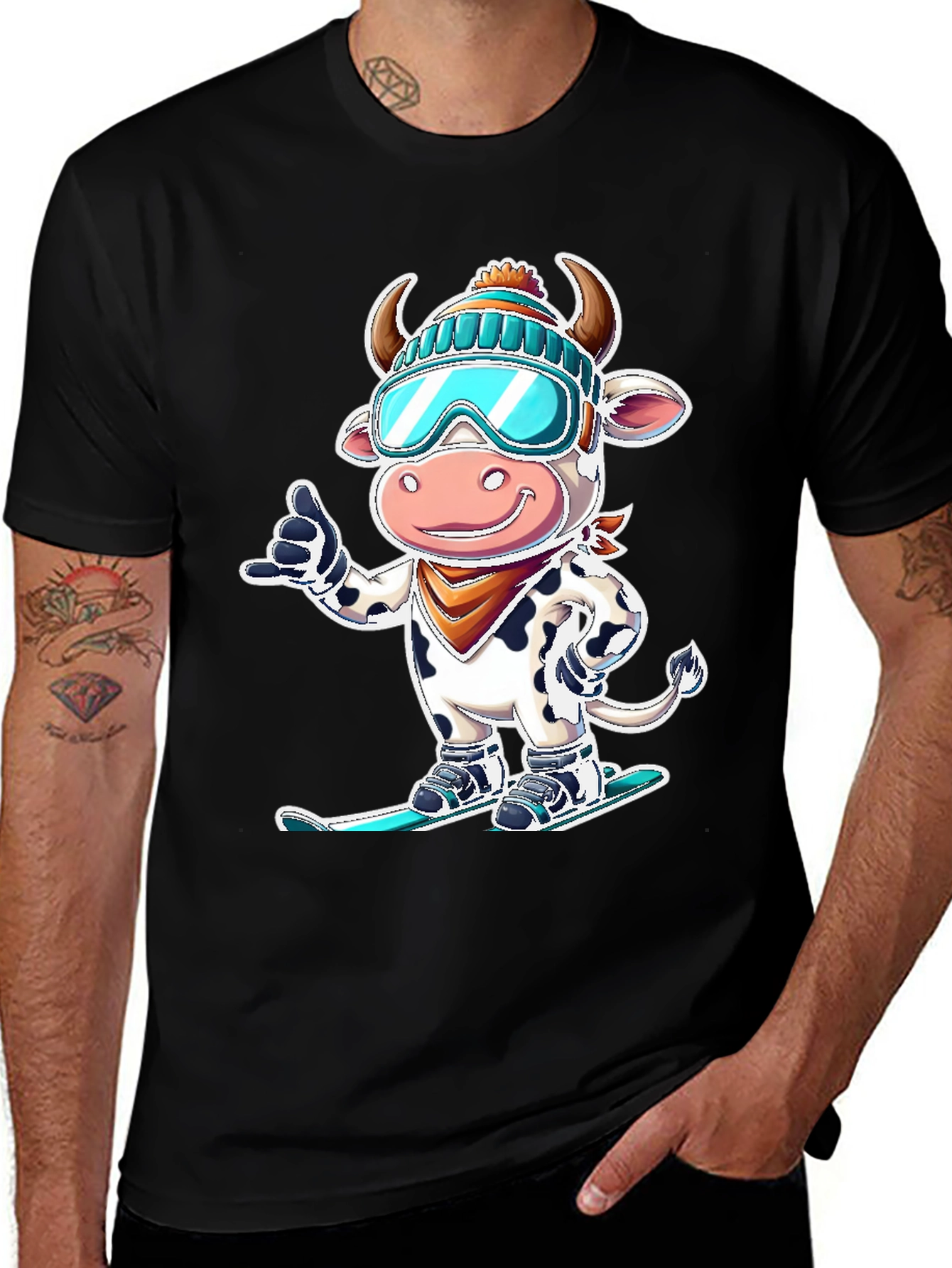 Skiing Cow Graphic Tee - Fun Winter T-Shirt