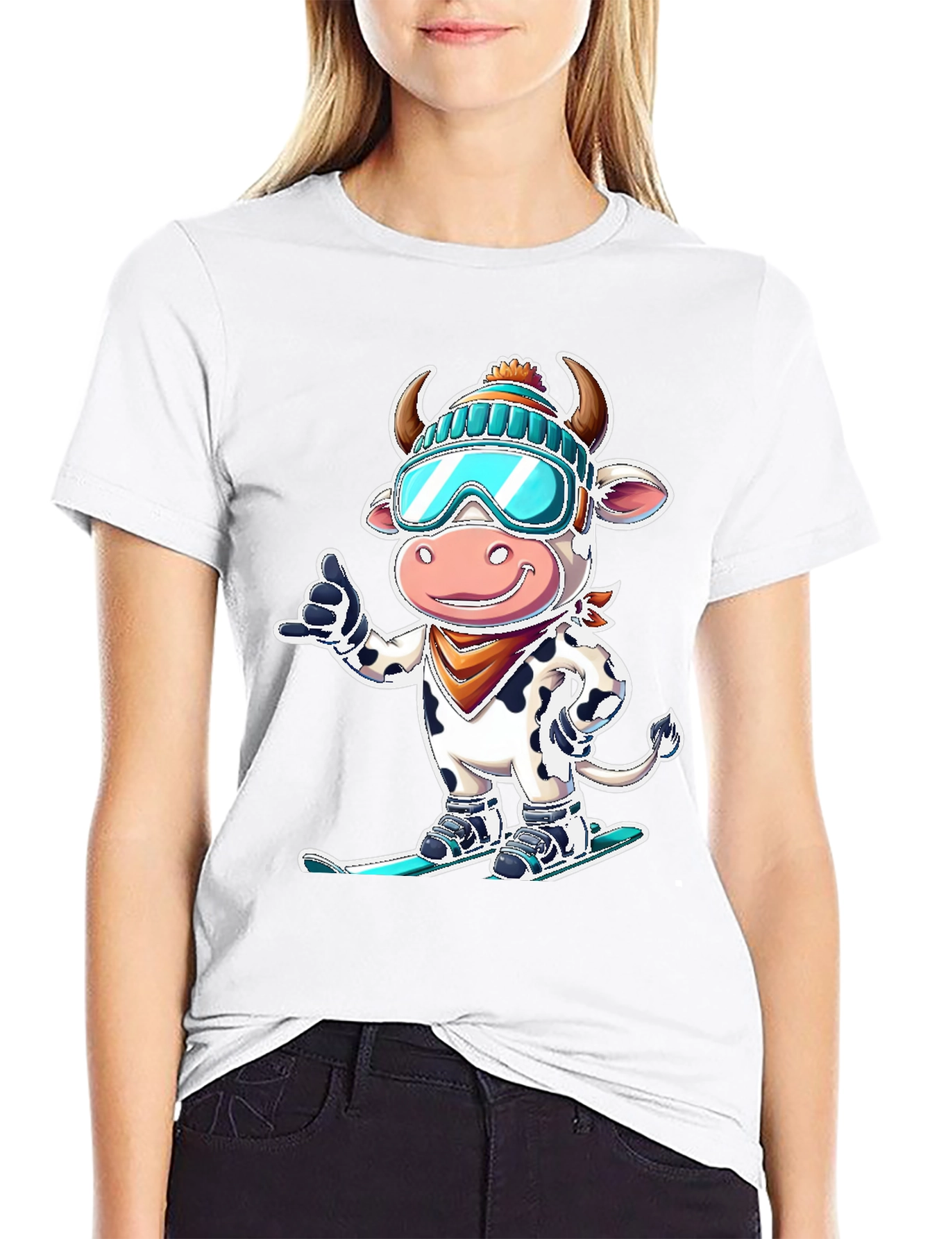 Skiing Cow Graphic Tee - Fun Winter T-Shirt