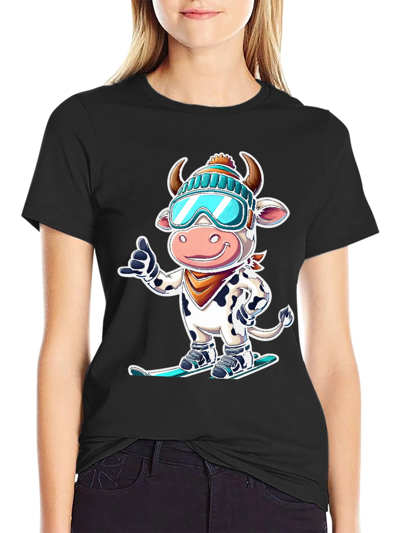 Skiing Cow Graphic Tee - Fun Winter T-Shirt