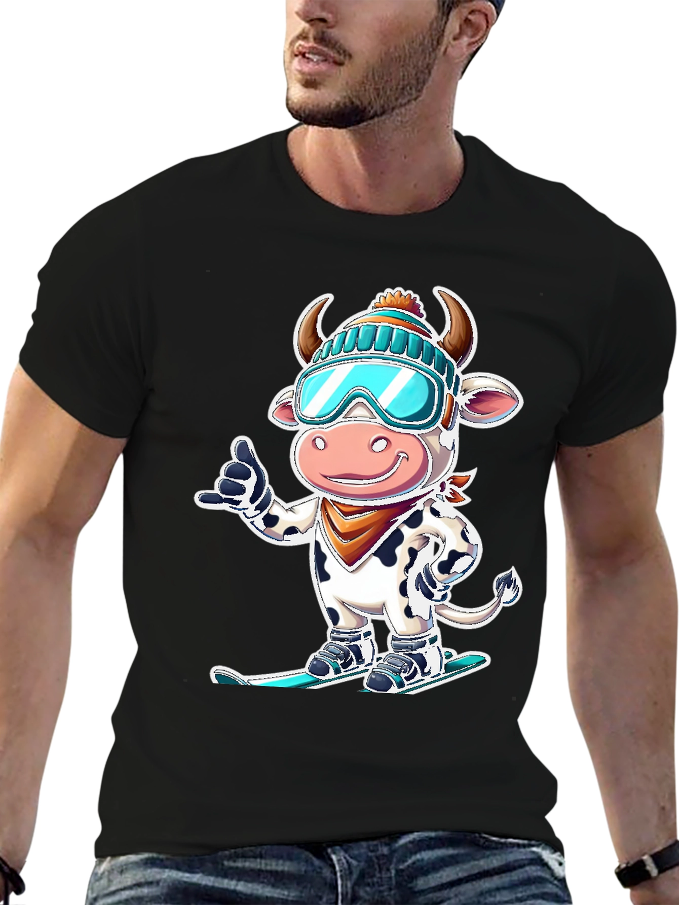 Skiing Cow Graphic Tee - Fun Winter T-Shirt