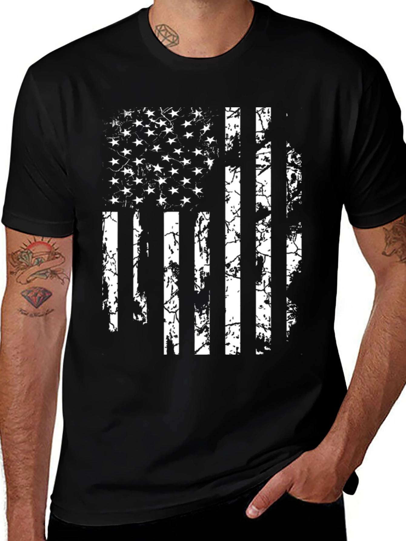 Distressed American Flag Graphic Tee - Black