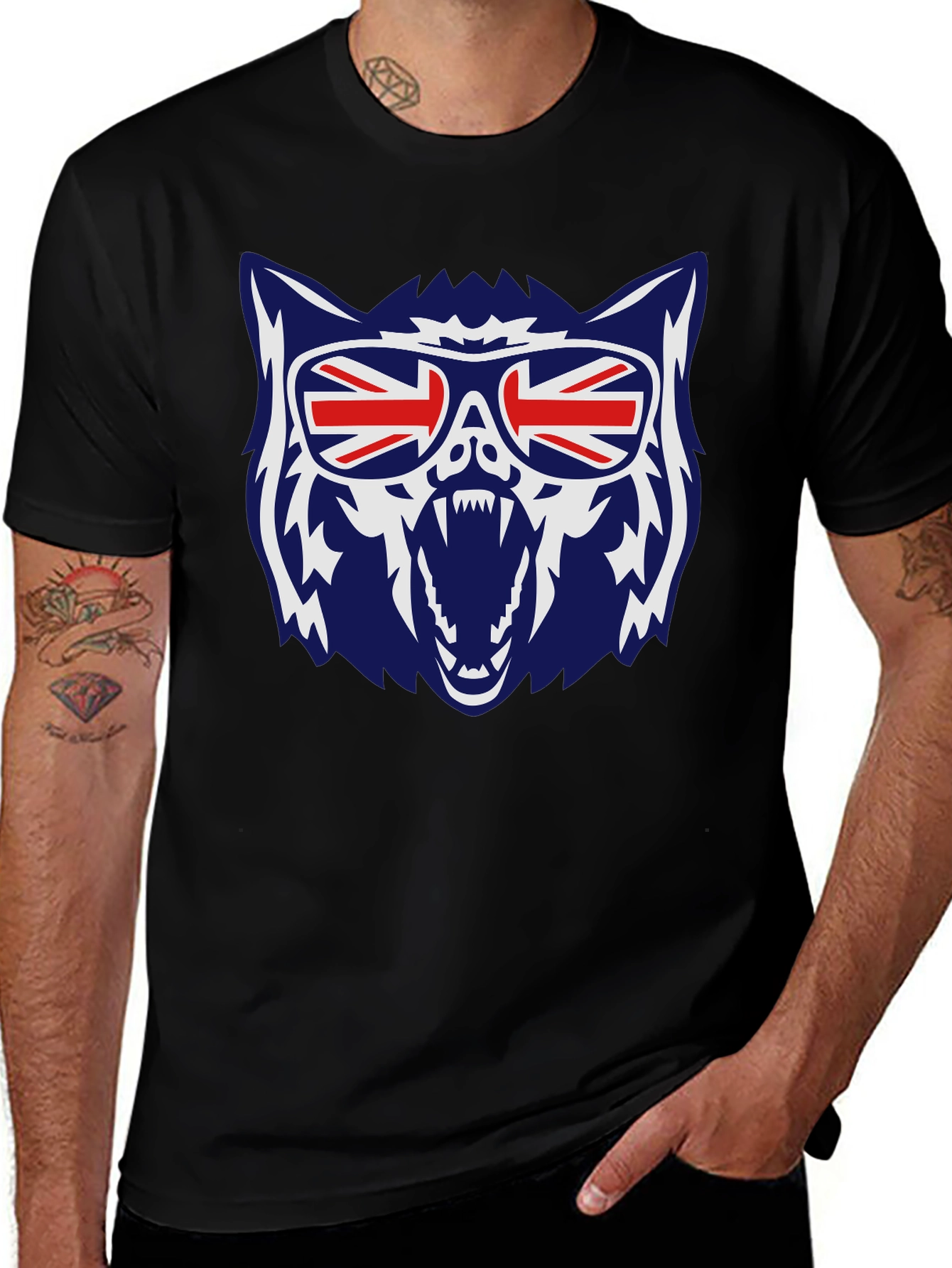Cool Union Jack Wolf Graphic Tee - Black