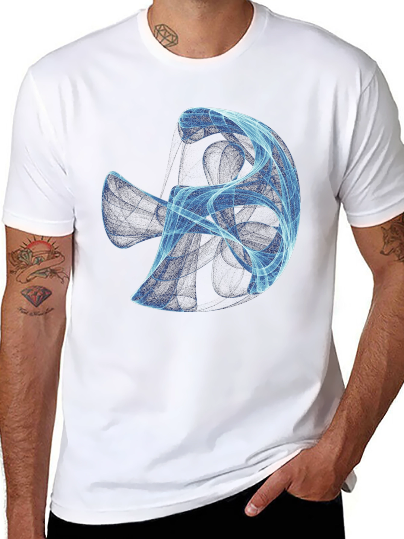 Abstract Blue Swirl Graphic Black T-Shirt