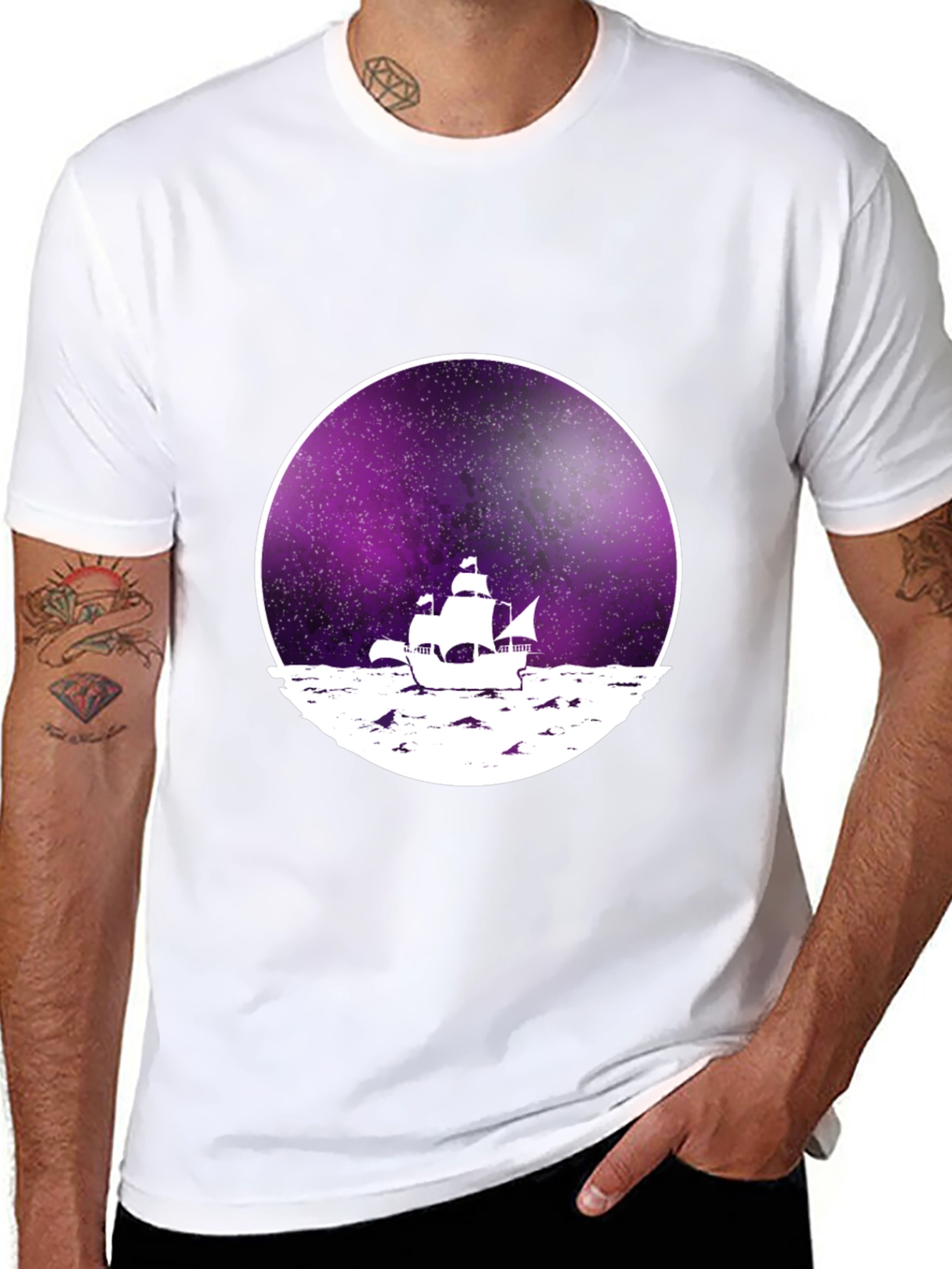 Galaxy Sailboat Graphic Tee - Black Cotton T-Shirt