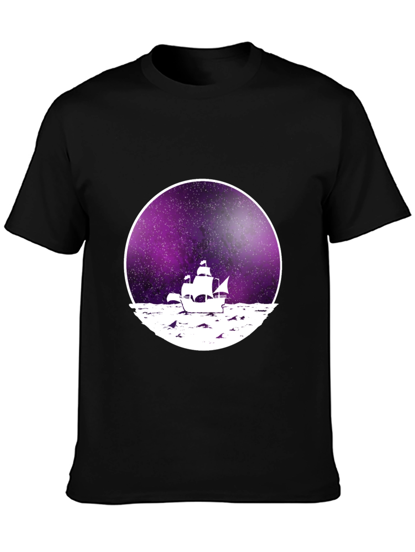 Galaxy Sailboat Graphic Tee - Black Cotton T-Shirt