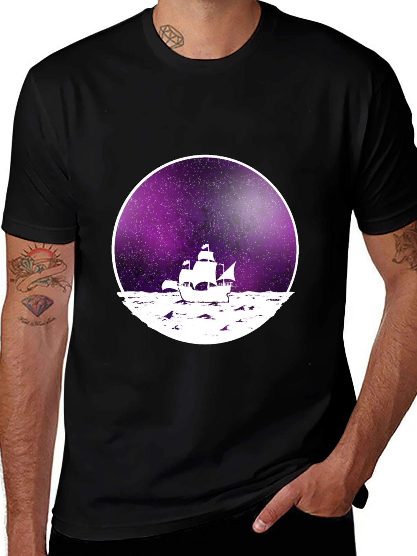 Galaxy Sailboat Graphic Tee - Black Cotton T-Shirt