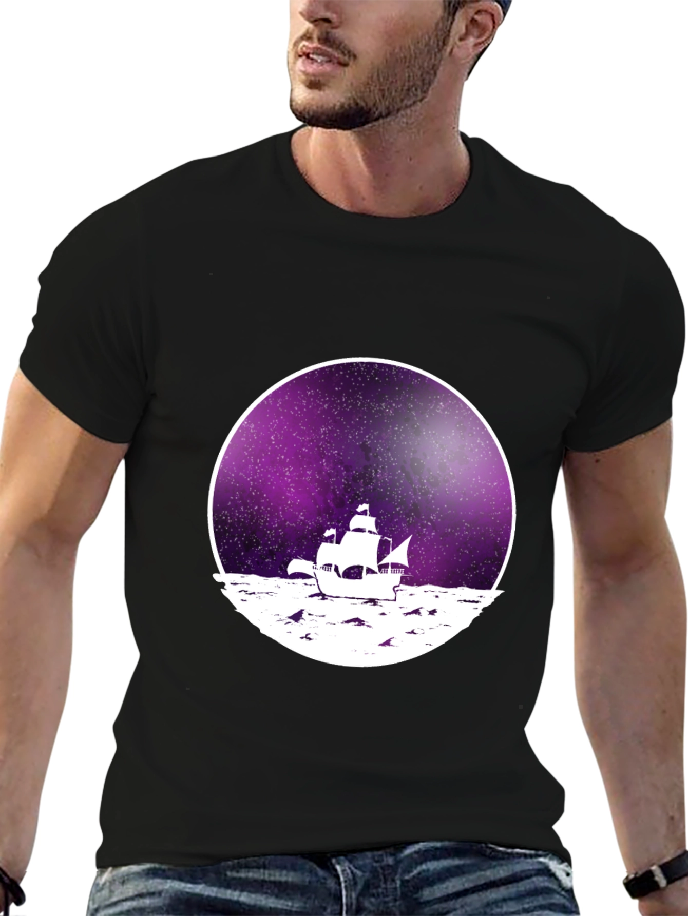 Galaxy Sailboat Graphic Tee - Black Cotton T-Shirt